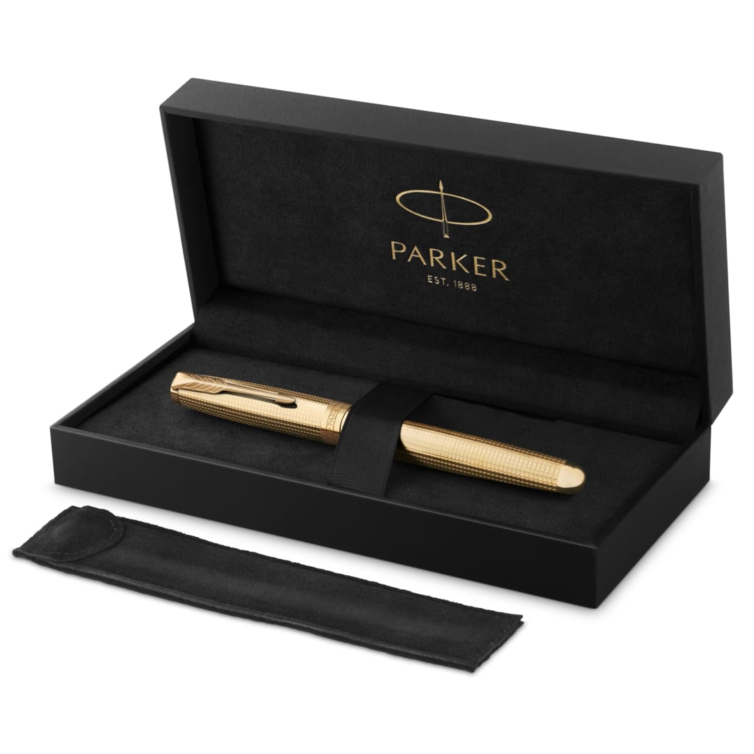 Parker Sonnet Ciselé Special Edition Fountain Pen, gold Finish Cap ,Barrel, and Trims, Fine, 18k Solid Gold Nib, Black Ink and Convertor