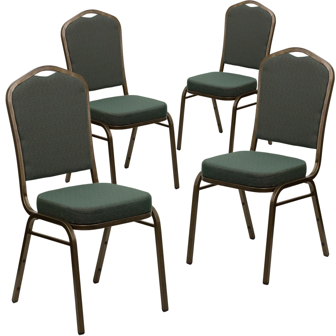4 Pack HERCULES Series Crown Back Stacking Banquet Chair in Green Patterned Fabric - Gold Vein Frame