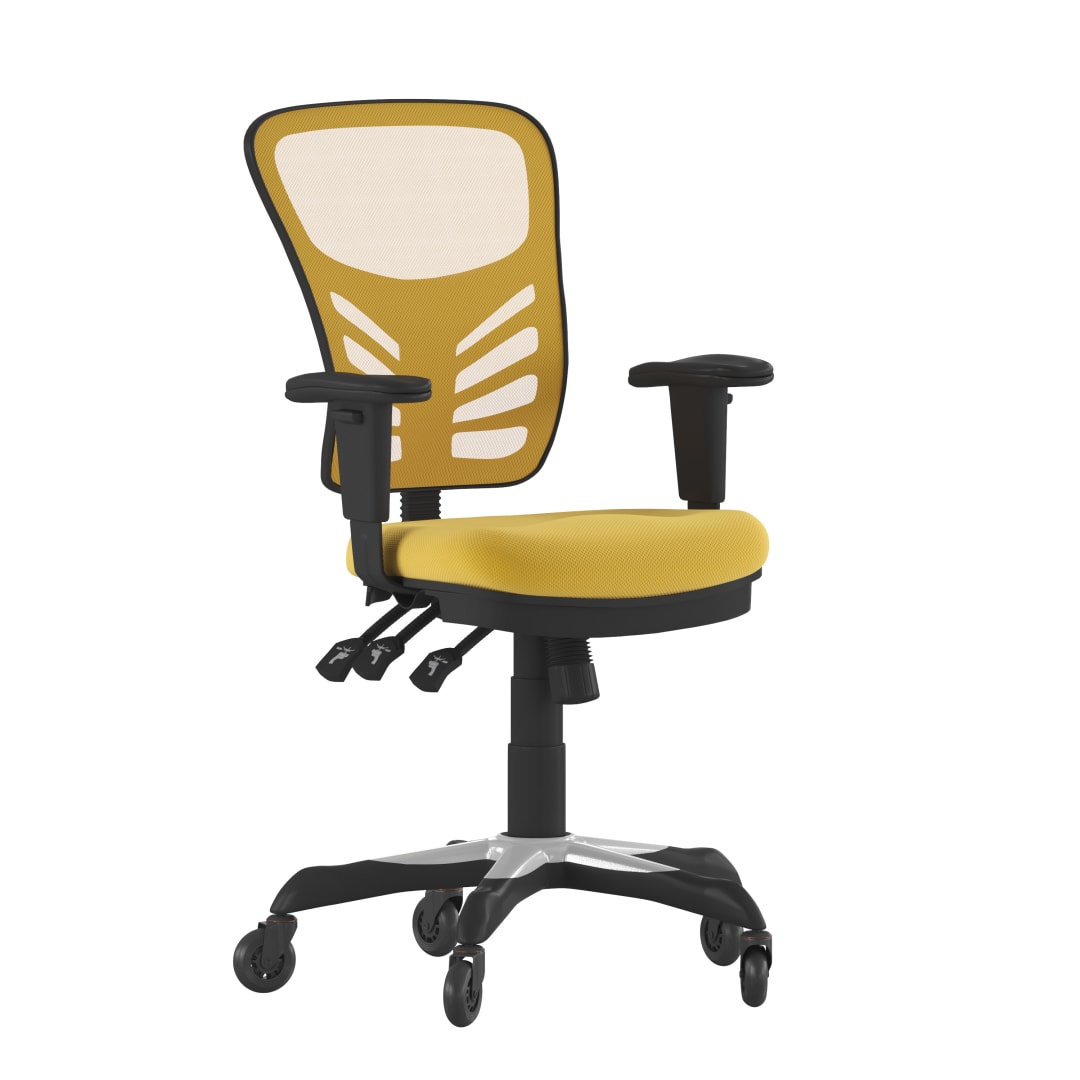 Nicholas Mid-Back Yellow-Orange Mesh Multifunction Executive Swivel Ergonomic Office Chair with Adjustable Arms and Transparent Roller Wheels