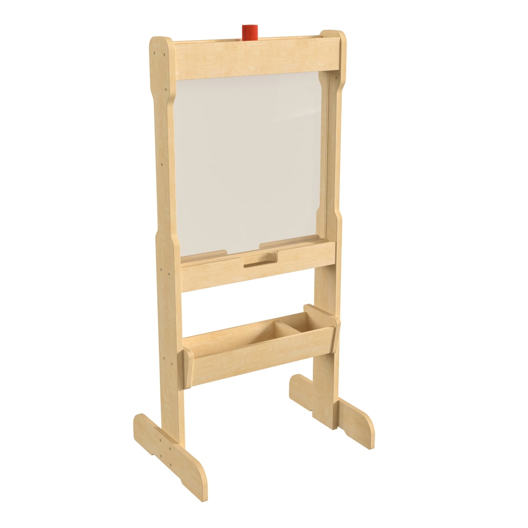 Bright Beginnings Commercial Double Sided Wooden Free-Standing STEAM Easel, Storage Tray, Acrylic Paint Window - Holds Two Accessory Panels, Natural