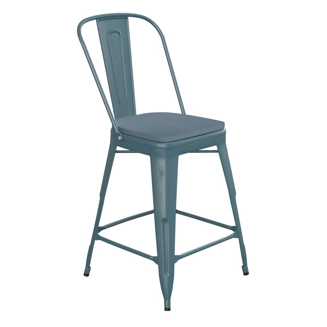 Carly Commercial Grade 24" High Kelly Blue-Teal Metal Indoor-Outdoor Counter Height Stool with Back with Teal-Blue Poly Resin Wood Seat