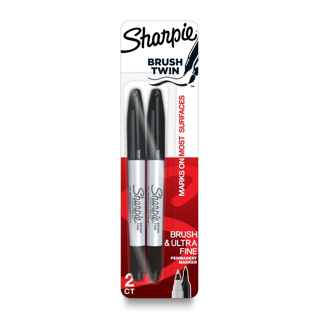Sharpie® Brush Twin Permanent Markers, Brush Tip Marker and Ultra Fine Tip Marker, Black, 2 Count