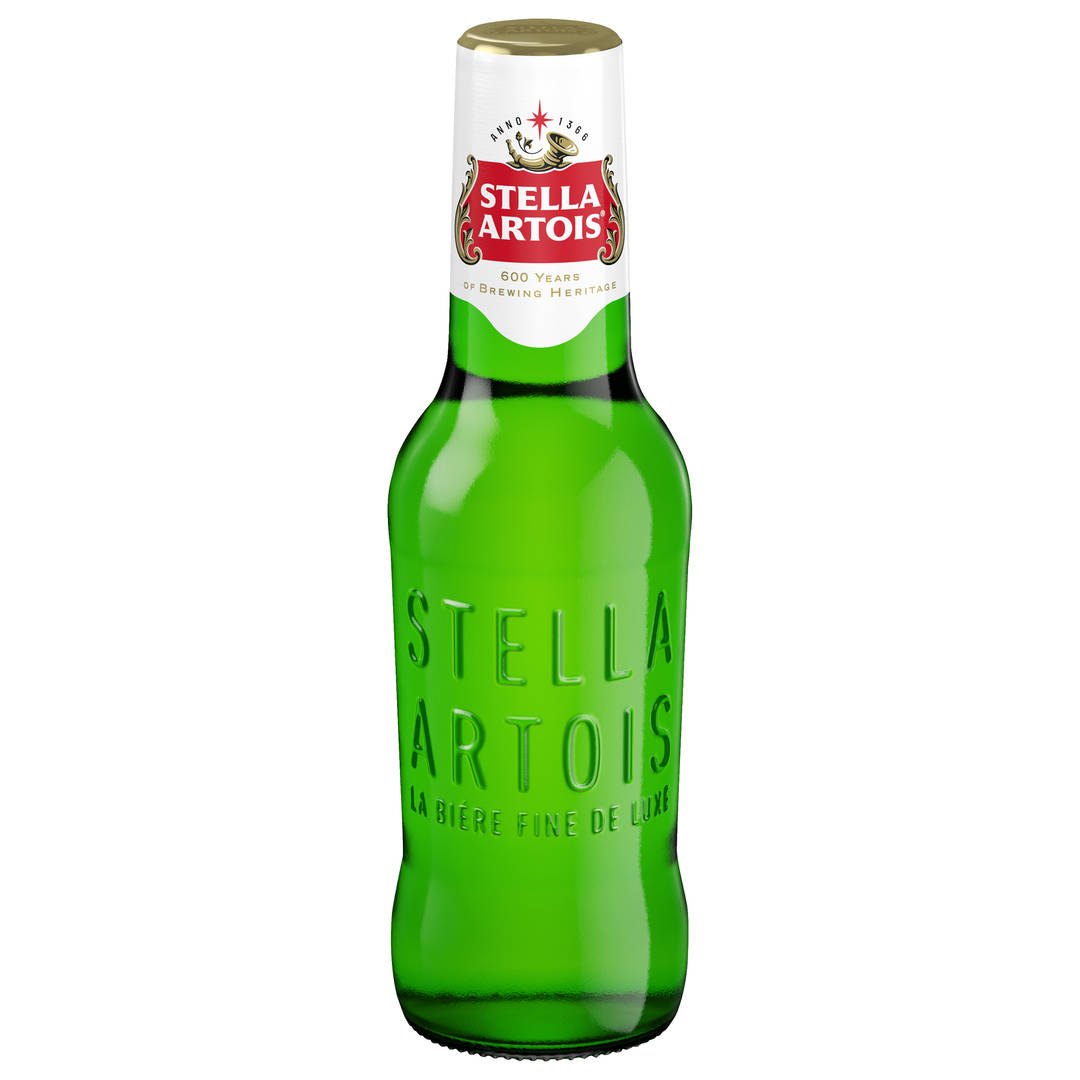 Stella Artois - Brewed at AB 7 oz Glass Bottle Back LABEL 5ABV APL Rewind 7 NAC
