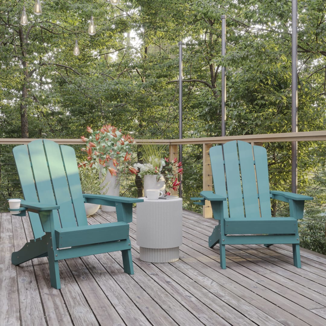 Newport Adirondack Chair with Cup Holder, Weather Resistant HDPE Adirondack Chair in Blue, Set of 2