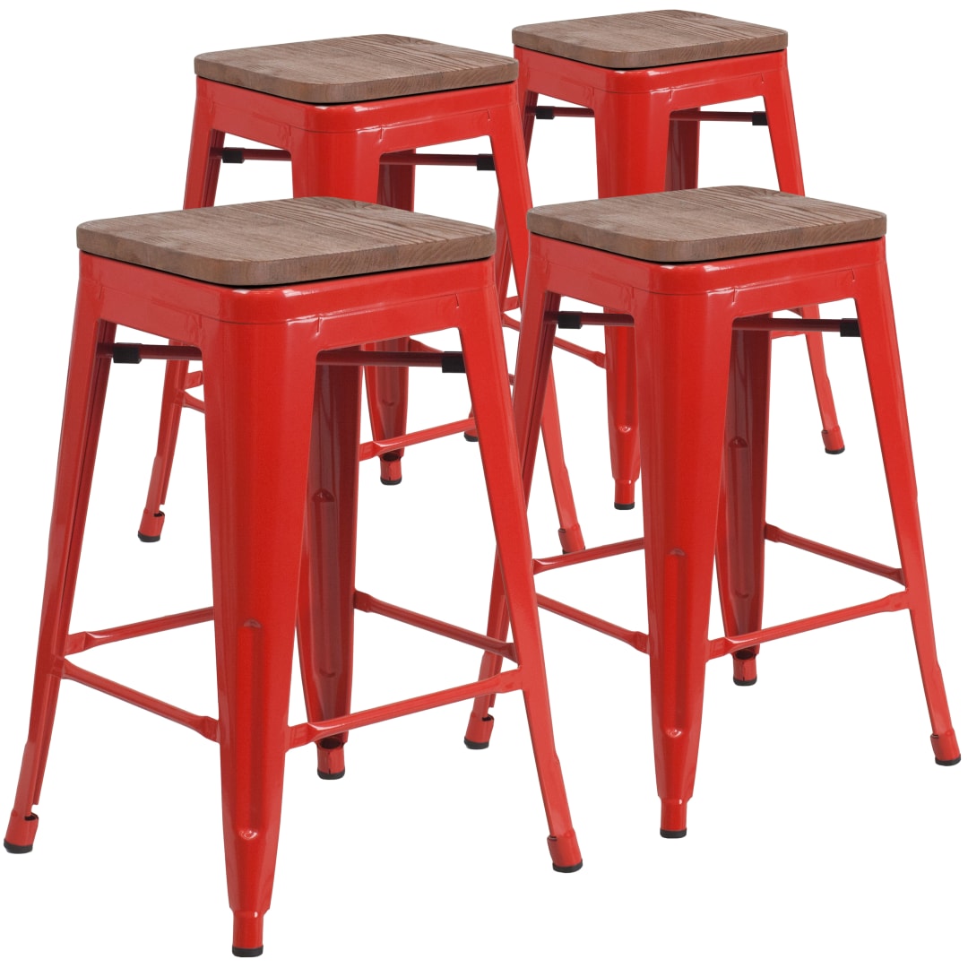 Lily 4 Pk. 24" High Backless Red Metal Counter Height Stool with Square Wood Seat