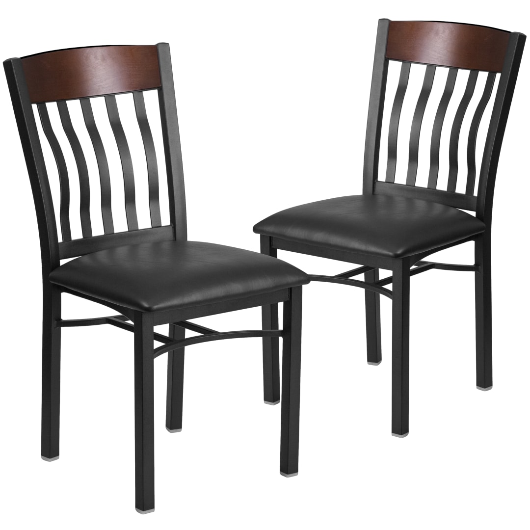 2 Pack Eclipse Series Vertical Back Black Metal and Walnut Wood Restaurant Chair with Black Vinyl Seat