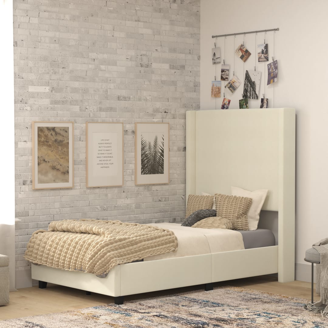 Quinn Twin Upholstered Platform Bed with Channel Stitched Wingback Headboard, Mattress Foundation with Slatted Supports, No Box Spring Needed, Beige
