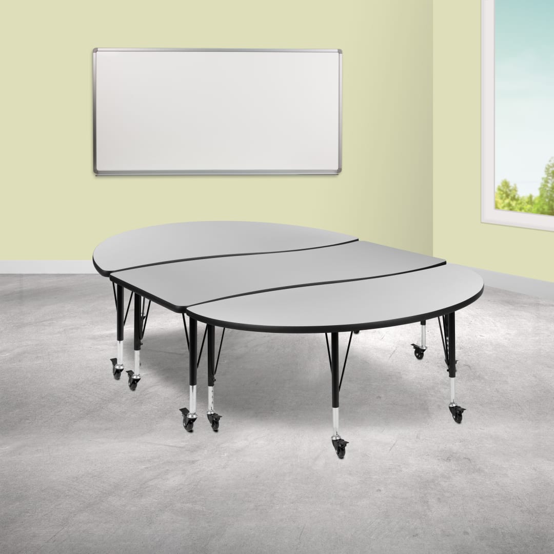 Emmy 3 Piece Mobile 86" Oval Wave Flexible Grey Thermal Laminate Activity Table Set - Height Adjustable Short Legs