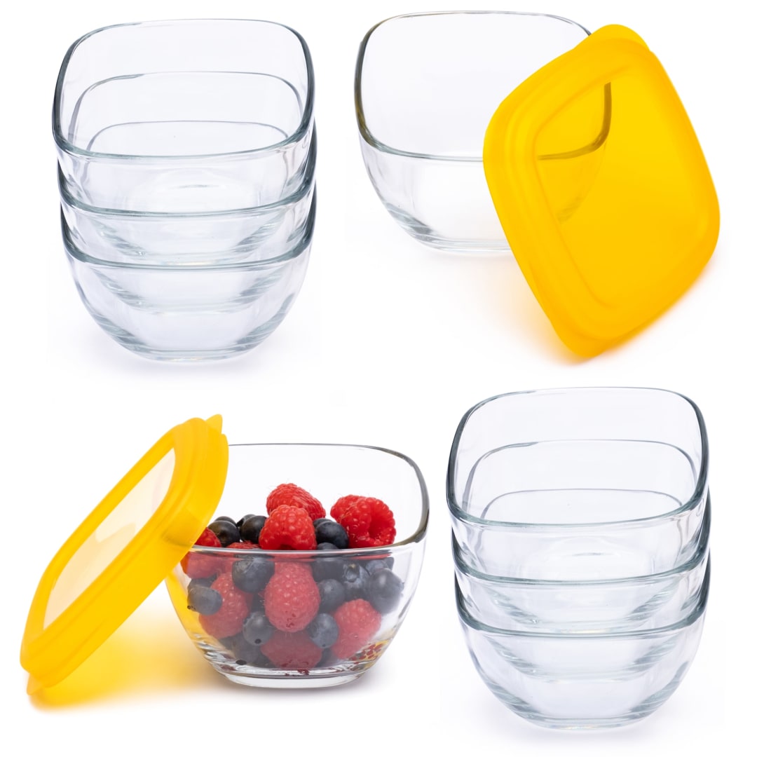 Libbey Serve It 16-Piece 2-Cup Glass Storage Bowl Container Set with Yellow Plastic Lids