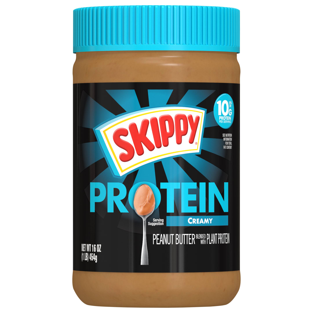 SKIPPY Creamy Peanut Butter Blended with Plant Protein, 16oz Plastic Jar
