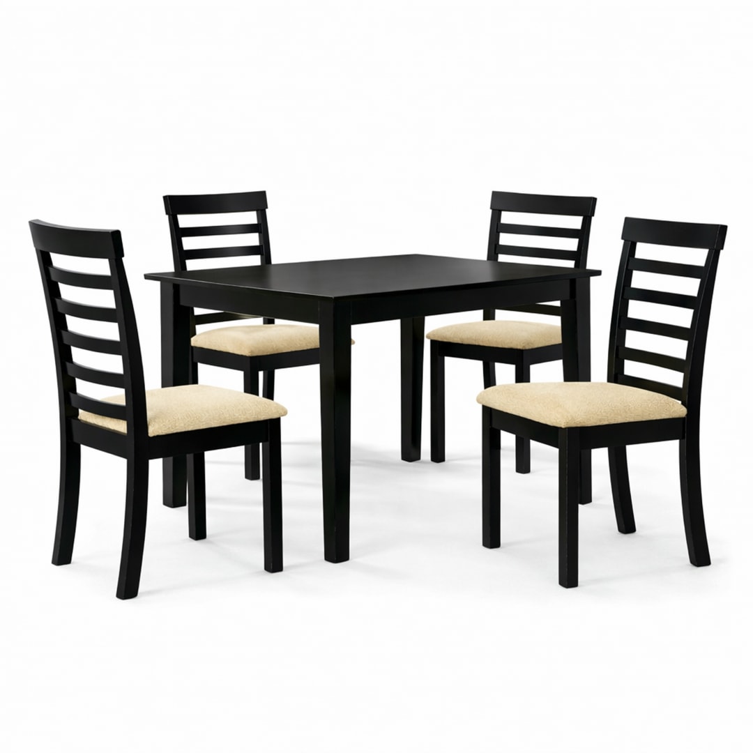 Traditional 5-Piece 43.3 Inch Rectangular Dining Set, Black Finish with Beige Polyester Upholstered Chairs, Solid Rubberwood
