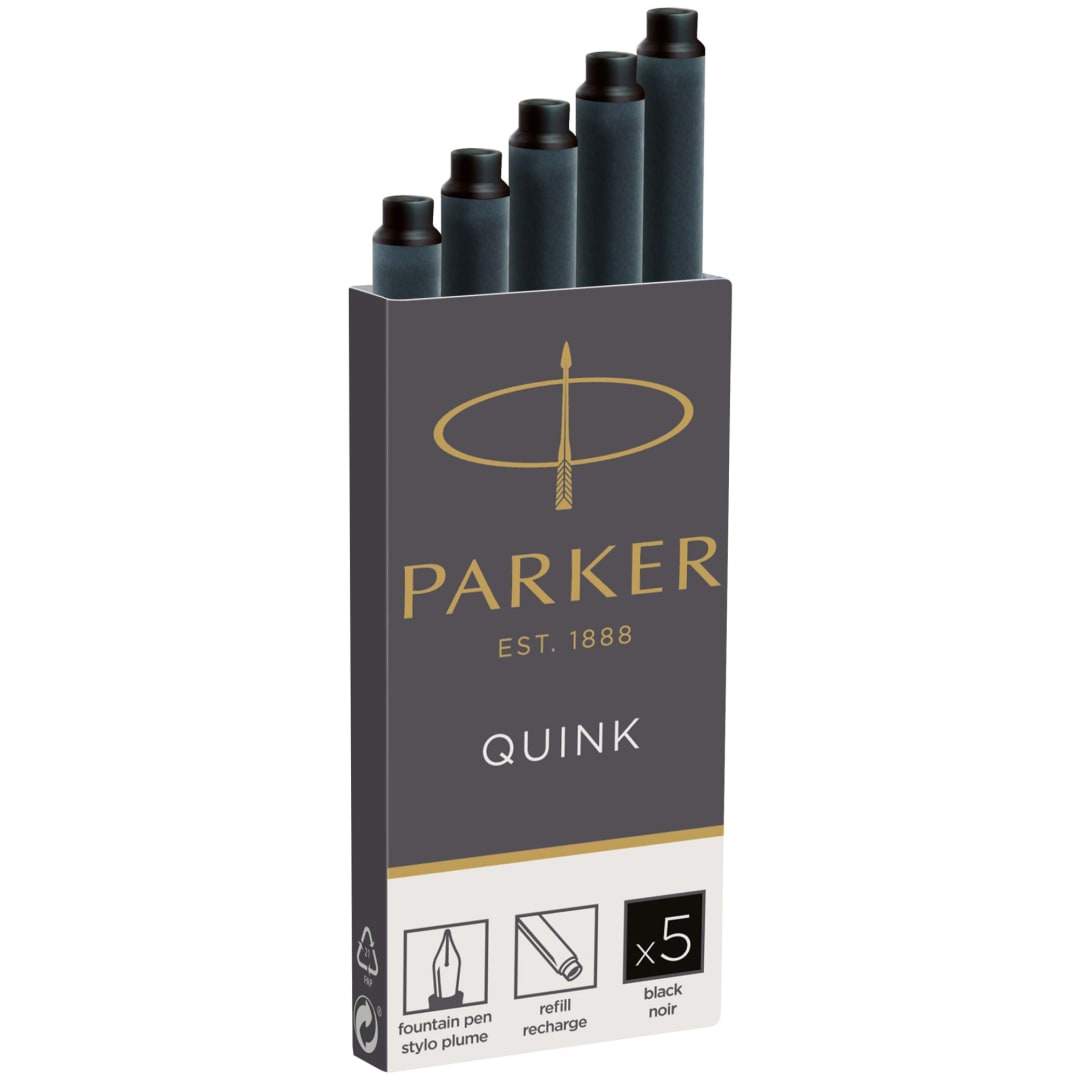 Parker Fountain Pen Ink Refill Cartridges | Long | Black QUINK Ink | 5 Count
