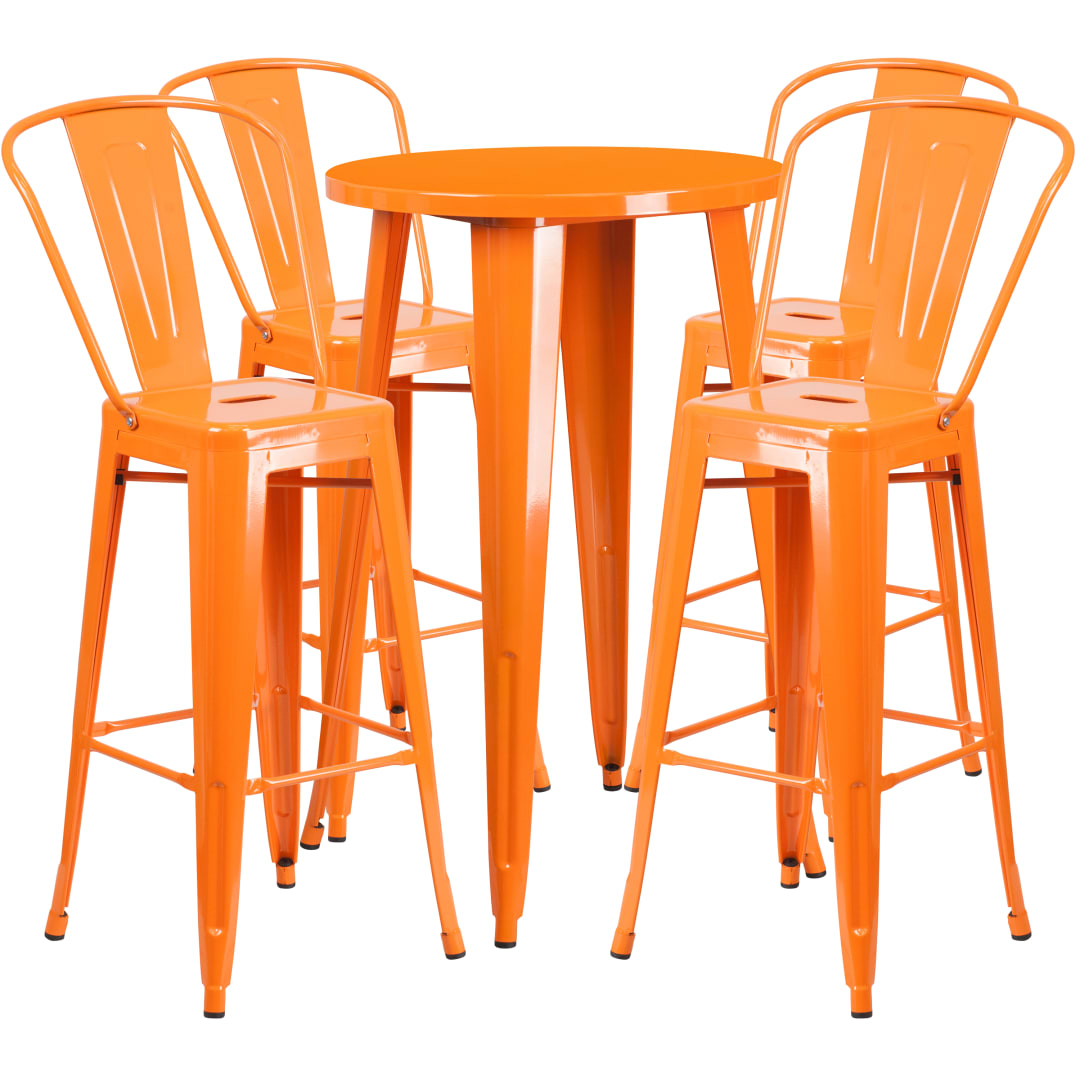 Dexter Commercial Grade 24" Round Orange Metal Indoor-Outdoor Bar Table Set with 4 Cafe Stools
