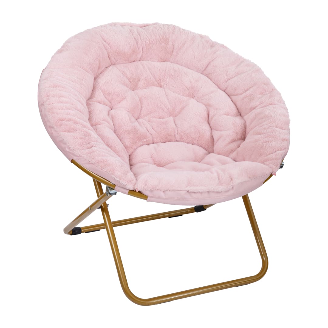 Gwen 38" Oversize Portable Faux Fur Folding Saucer Moon Chair for Dorm and Bedroom, Blush Faux Fur/Soft Gold Frame