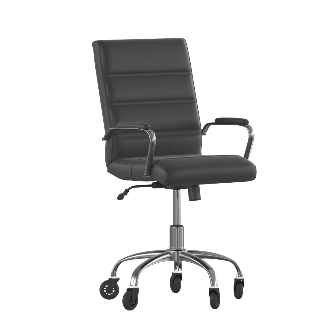 Camilia Mid-Back Black LeatherSoft Executive Swivel Office Chair with Chrome Frame, Arms, and Transparent Roller Wheels