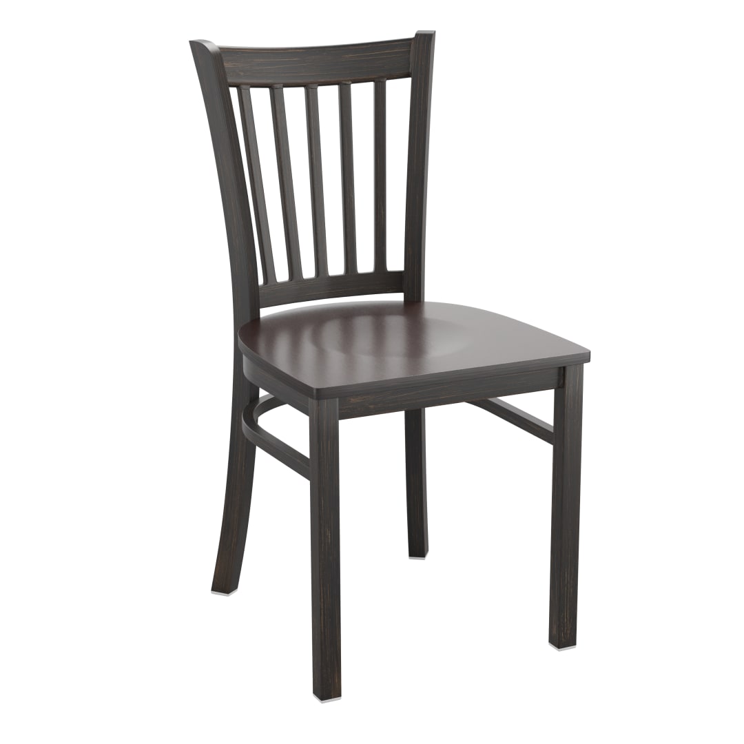 HERCULES Series Distressed Gold Vertical Back Metal Restaurant Chair - Walnut Wood Seat