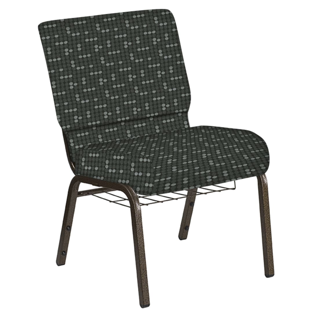 Embroidered 21''W Church Chair in Eclipse Pewter Fabric with Book Rack - Gold Vein Frame