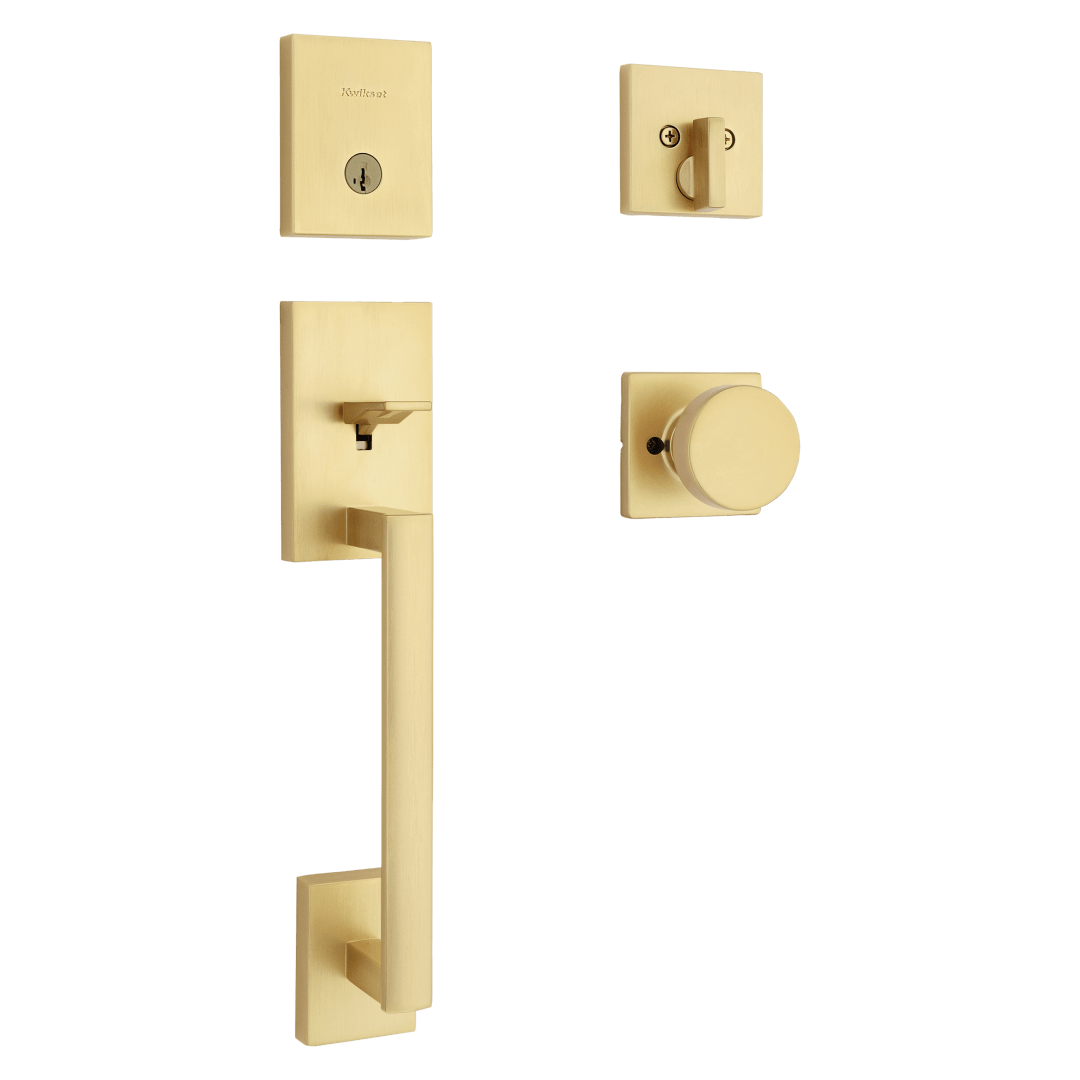 San Clemente Single Cylinder Low Profile Handleset w/ Square Pismo Knob featuring SmartKey Security™ in Satin Brass