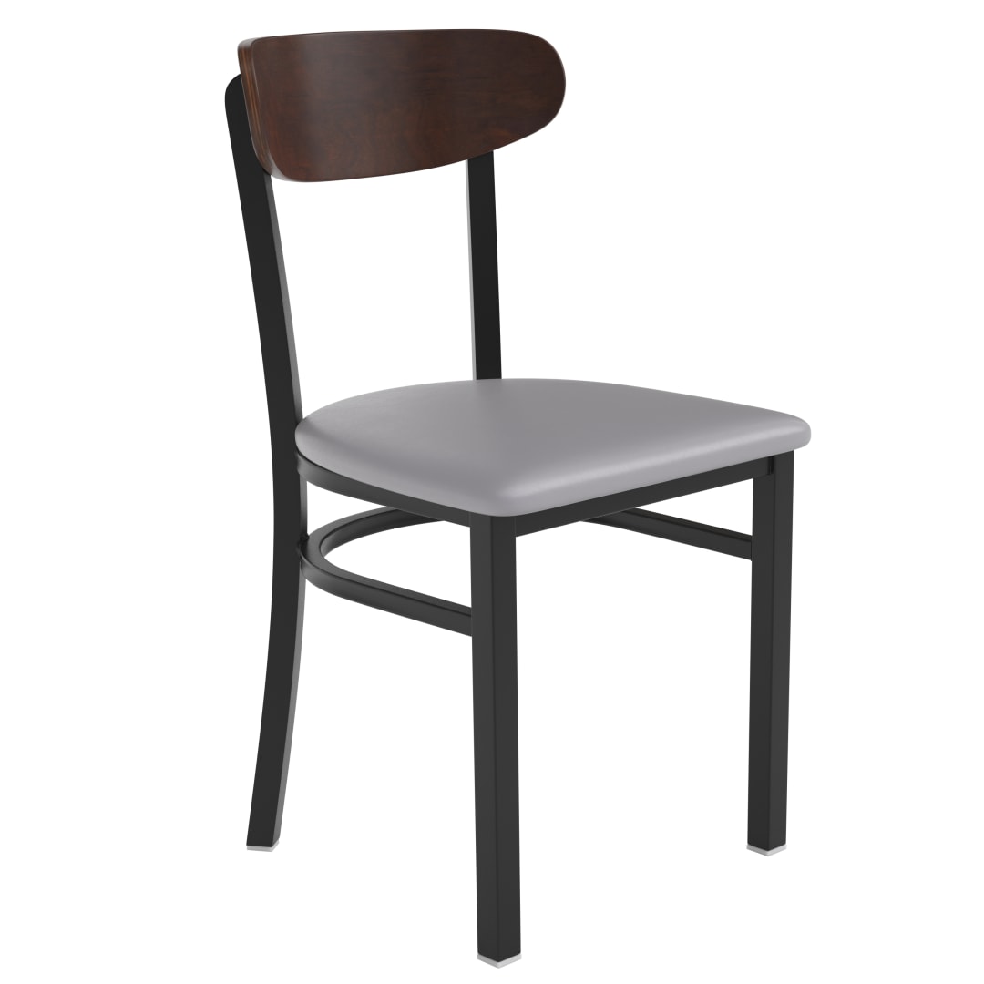 Wright Commercial Dining Chair with 500 LB. Capacity Black Steel Frame, Walnut Finish Wooden Boomerang Back, and Gray Vinyl Seat