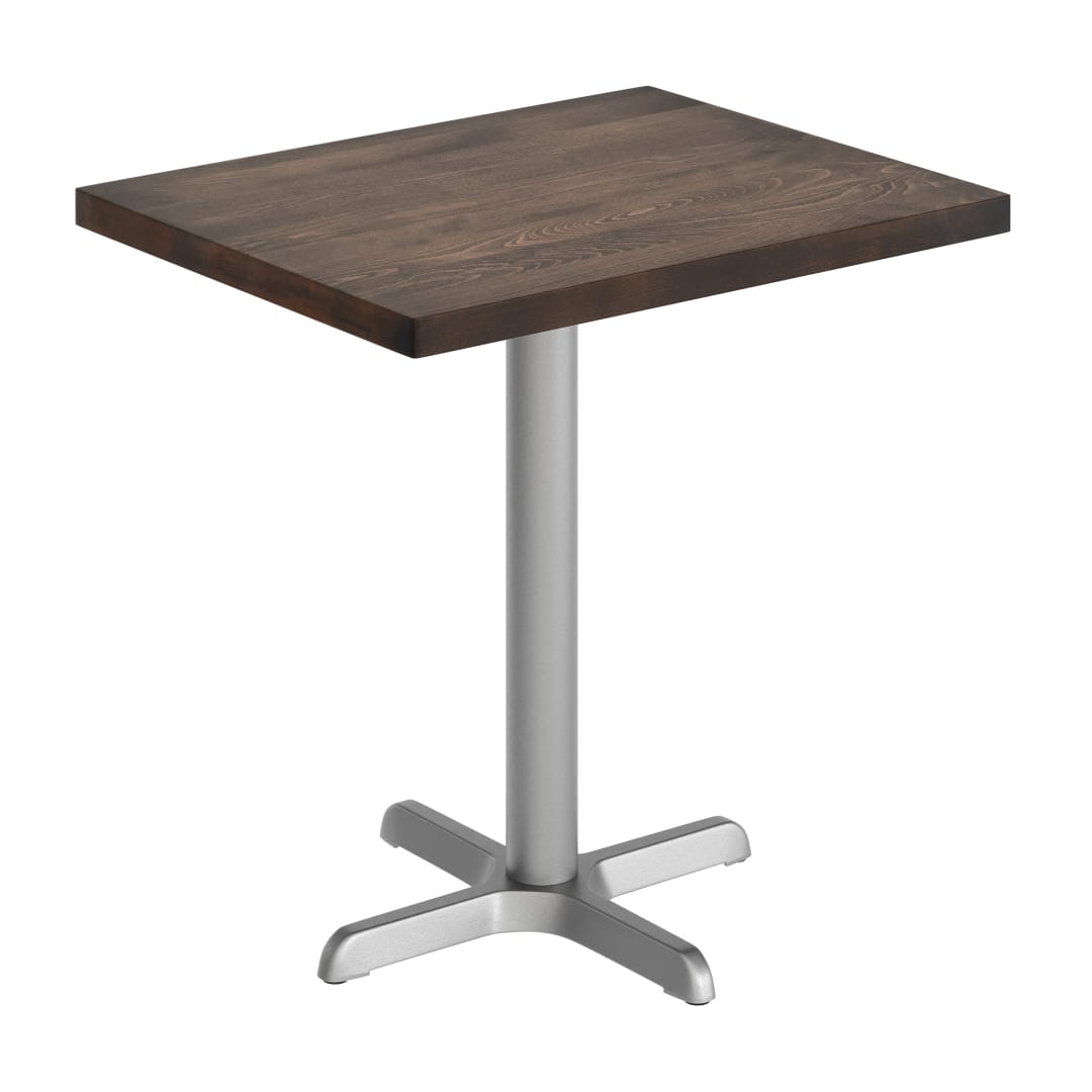 Bennett 24" x 30" Solid Wood Commercial Indoor Tabletop in Dark Brown with 22" x 22" Dining Height Rust-Resistant Silver Cast Iron X-Base