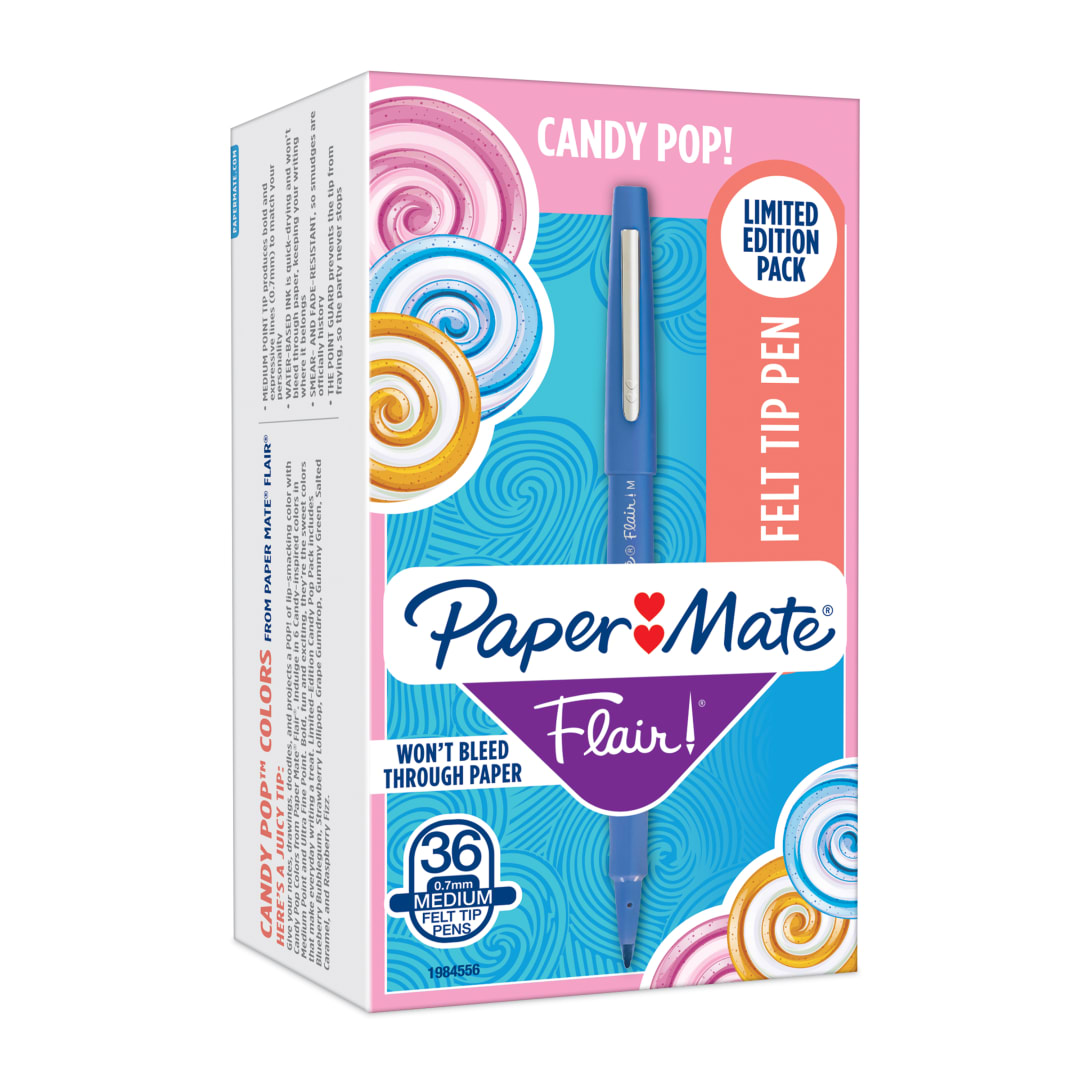 Paper Mate® Flair Felt Tip Pens, Medium Point (0.7mm), Limited Edition Candy Pop Pack, 36 Count; Perfect for Teachers, Students, Expressive Writing, Drawing