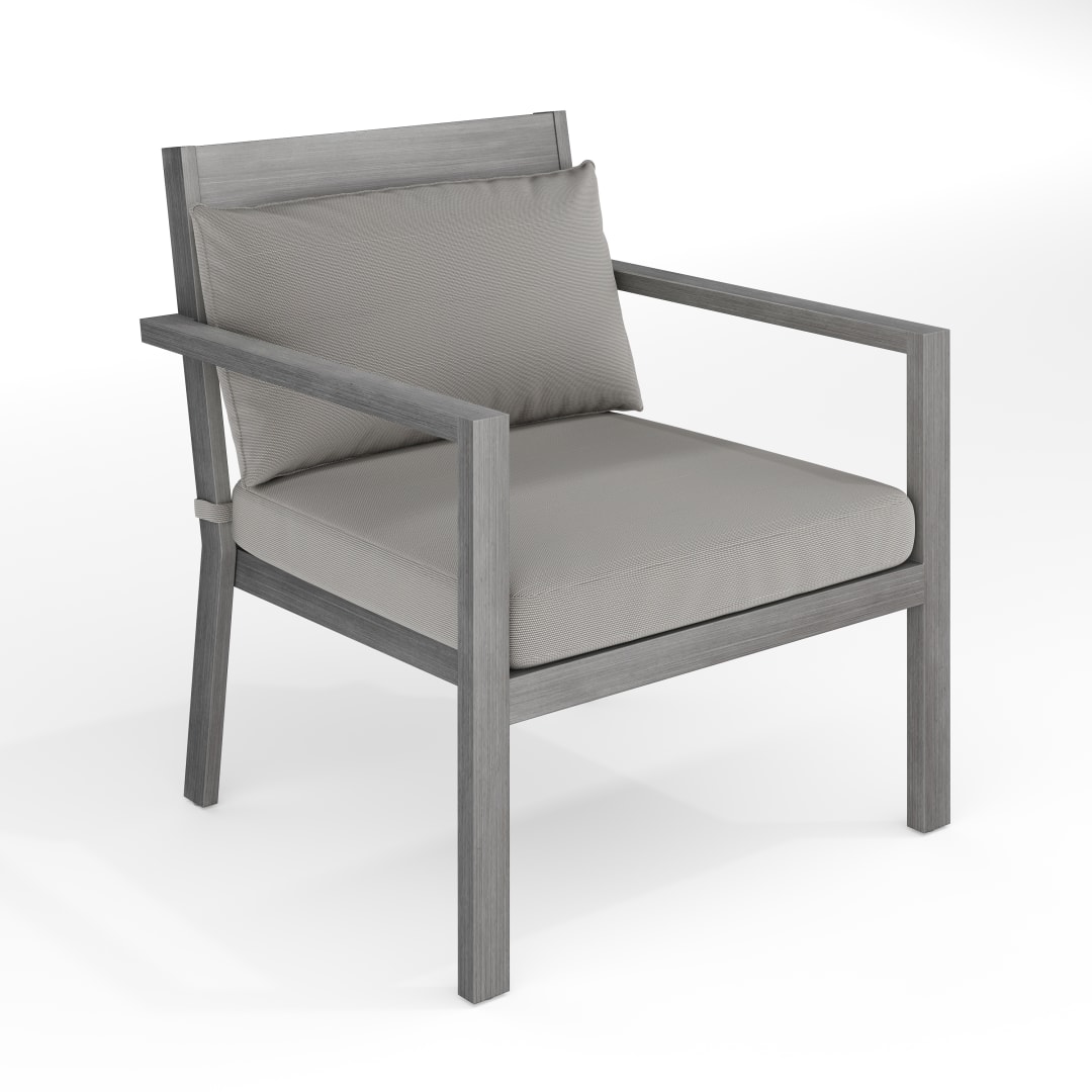 Bedford Set of 2 Indoor-Outdoor Patio Accent Chairs with Gray Brushed Woodgrain Aluminum Finish and Gray All-Weather Seat and Lumbar Cushions