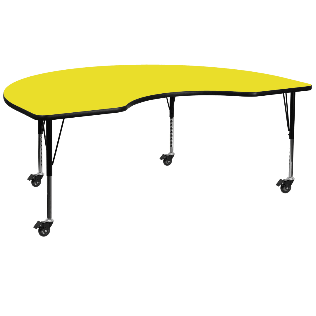 Wren Mobile 48''W x 96''L Kidney Yellow HP Laminate Activity Table - Height Adjustable Short Legs