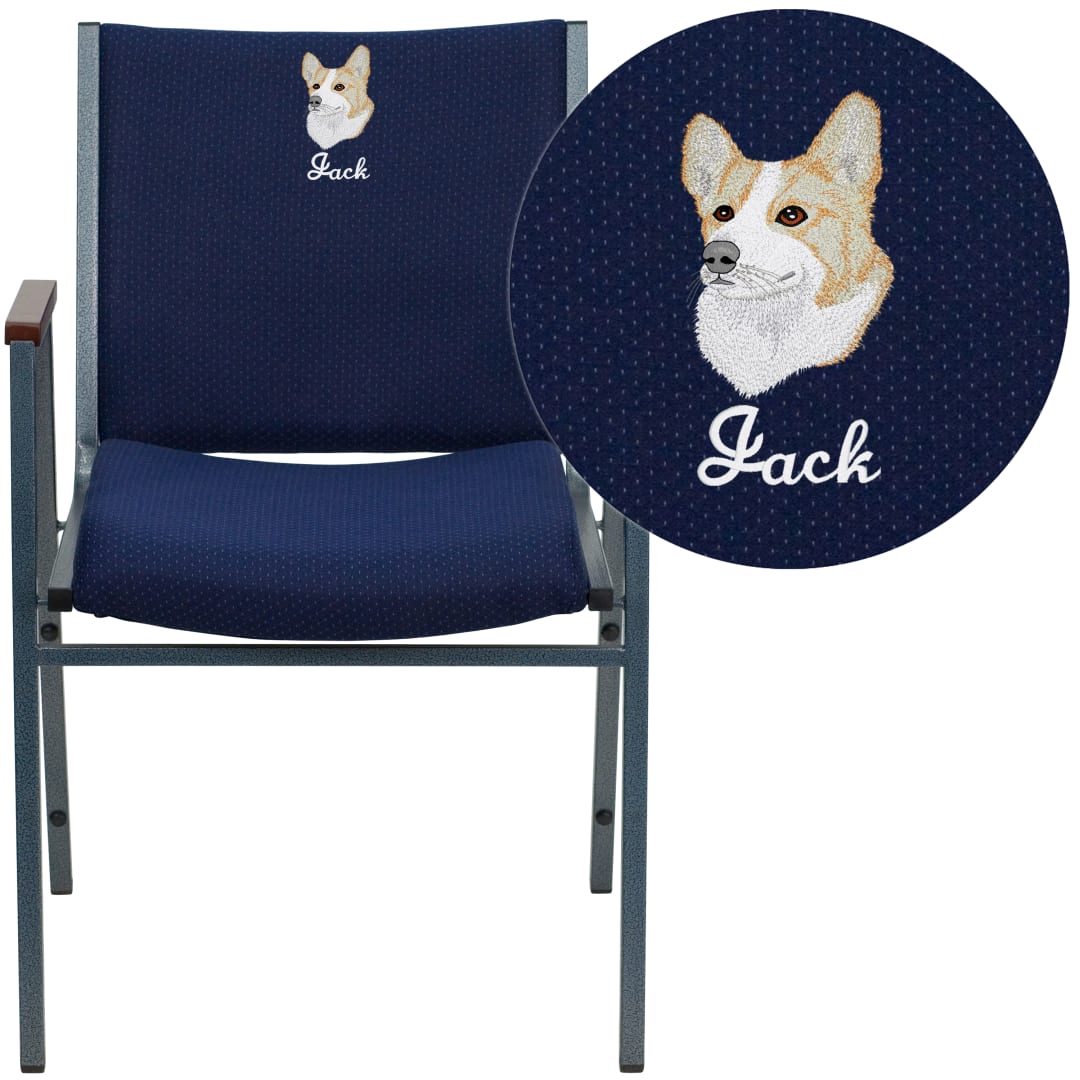 Embroidered HERCULES Series Heavy Duty Navy Blue Dot Fabric Stack Chair with Arms