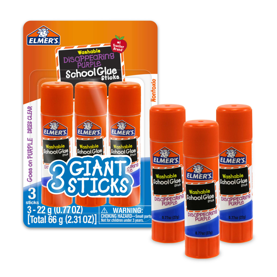 Elmer's Disappearing Purple School Glue Sticks, Washable, Giant Glue Sticks, 0.77 oz. each, 3 Count