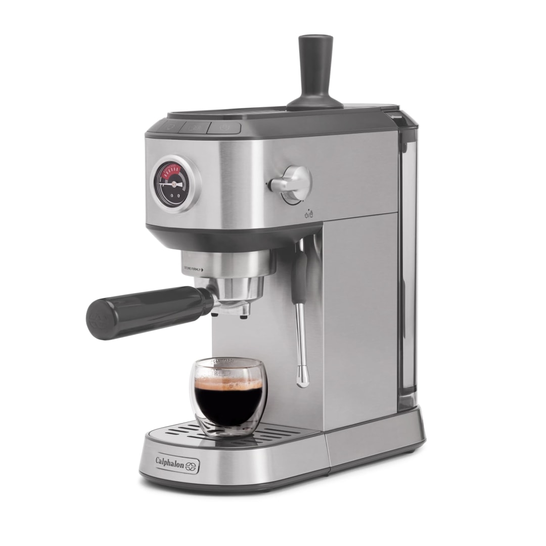 Calphalon® Miniatura Espresso Machine, Compact Home Espresso Machine with Milk Frother and Pressure Gauge, Stainless Steel