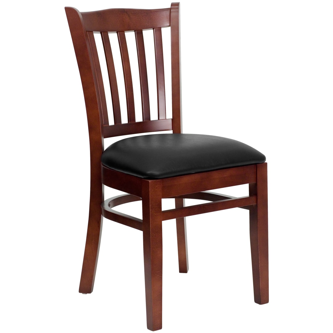 HERCULES Series Vertical Slat Back Mahogany Wood Restaurant Chair - Black Vinyl Seat