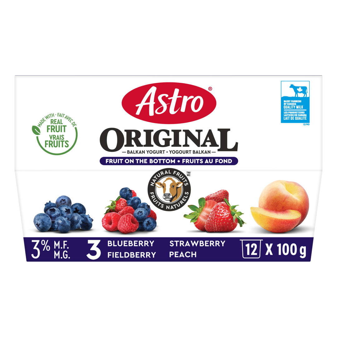 Astro Original Peach/Fieldberry/Strawberry/Blueberry Fruit on the Bottom Yogurt 4%, 12x100g