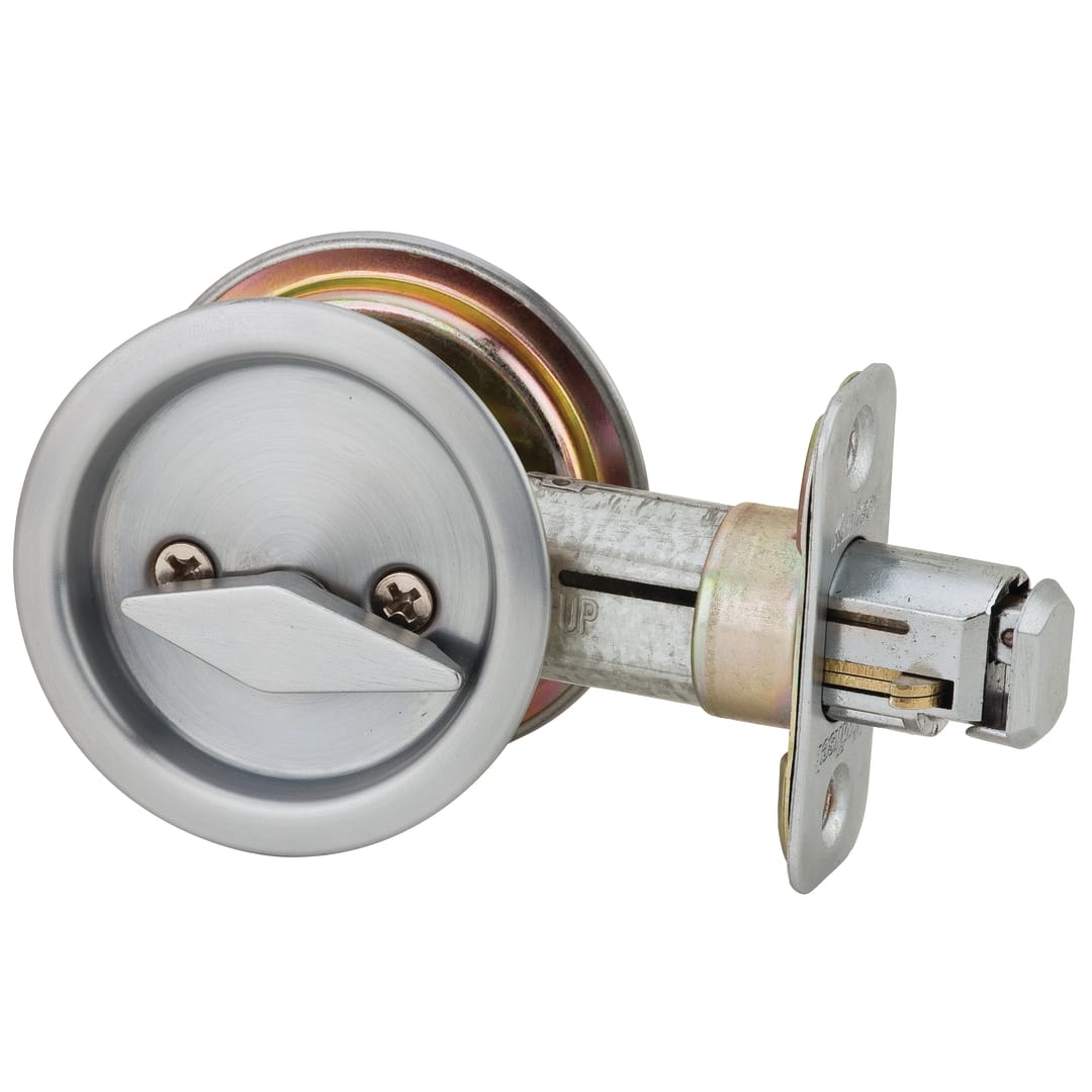 335 Round Bed/Bath Pocket Door Lock in Satin Chrome