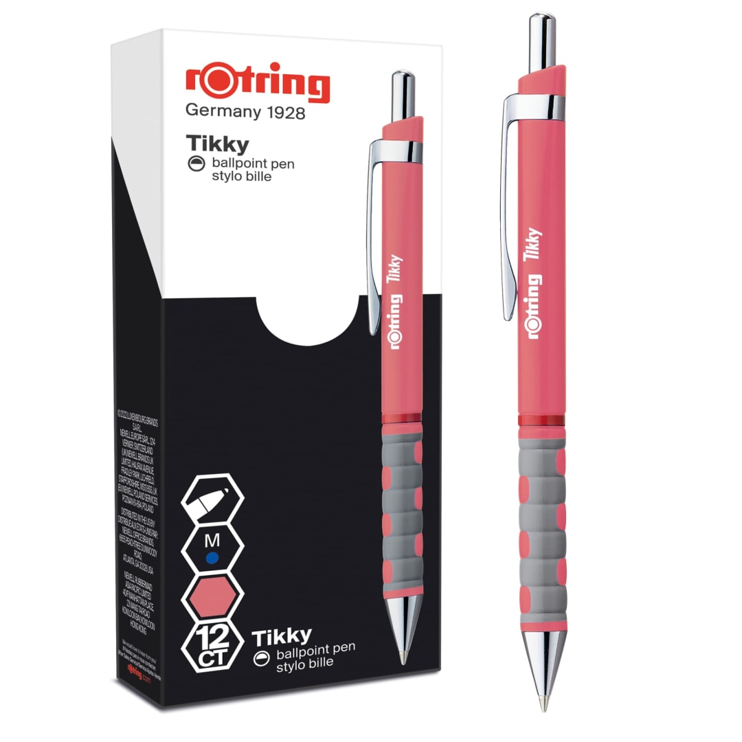 rOtring Tikky Pastel Ballpoint Pens | Blue Ink | Medium Point (1.0mm) | Tea Rose Barrels | Lightweight with Rubberised Grip | 12 Count
