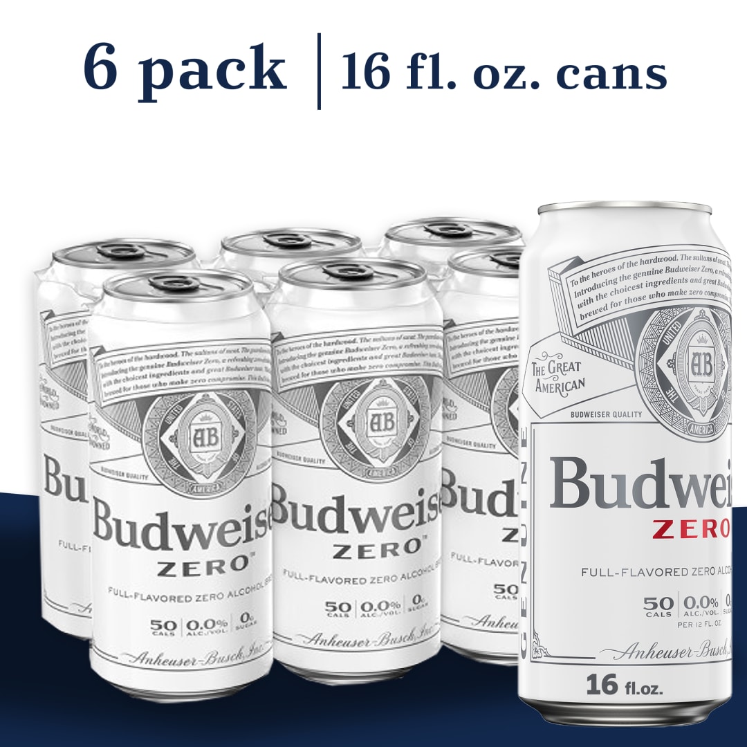 Budweiser Zero Alcohol Free Beer, 6 Pack, 16 FL OZ Cans, 0% ABV
