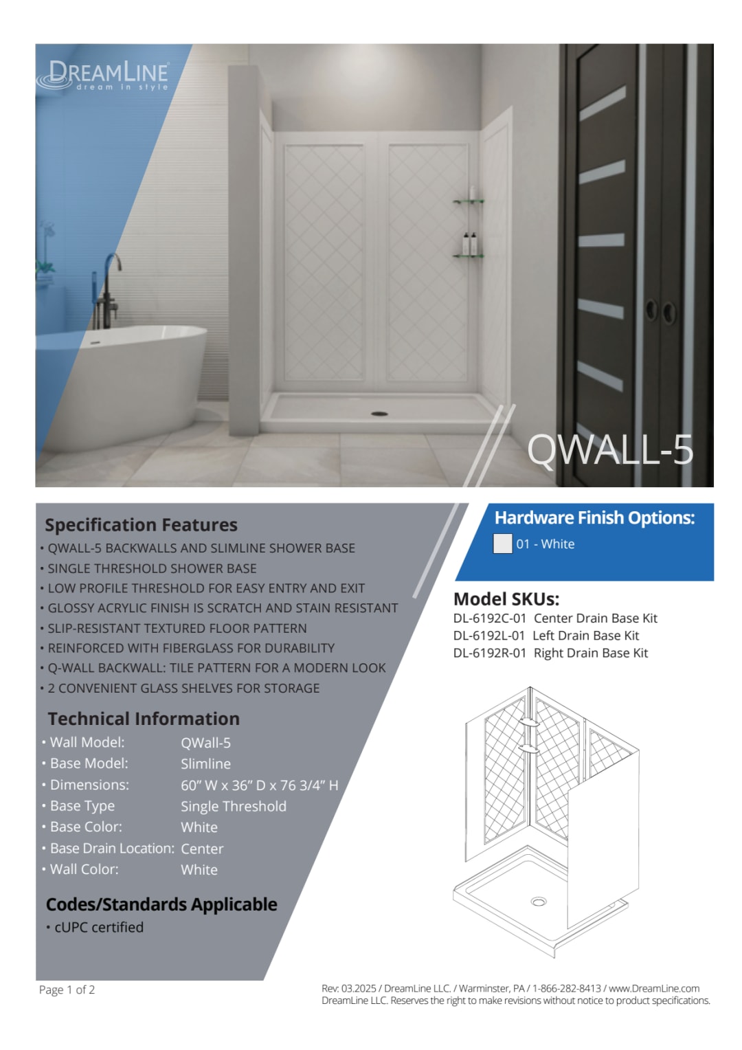 DreamLine 36 inch D x 60 inch W x 76 3/4 inch H Right Drain Shower Base ...