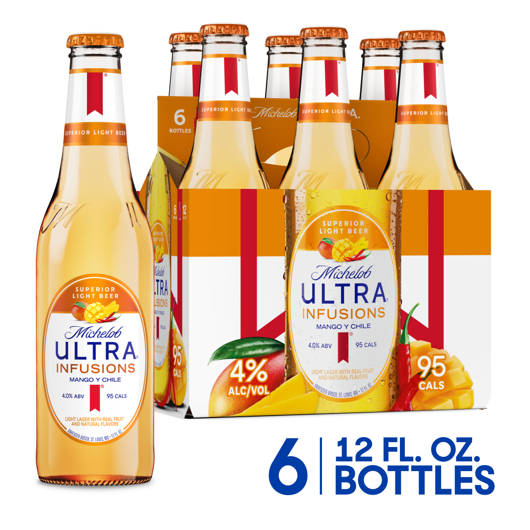 Michelob Ultra Infusions Mango Y Chile Light Beer, 6 Pack 12 fl oz Glass Bottles, 4% ABV