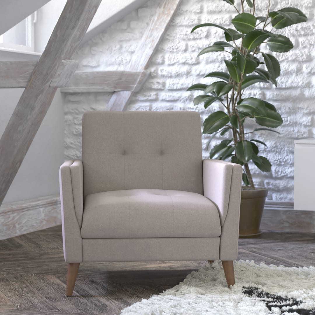 Conrad Mid-Century Modern Commercial Grade Armchair with Tufted Faux Linen Upholstery &amp; Solid Wood Legs in Taupe