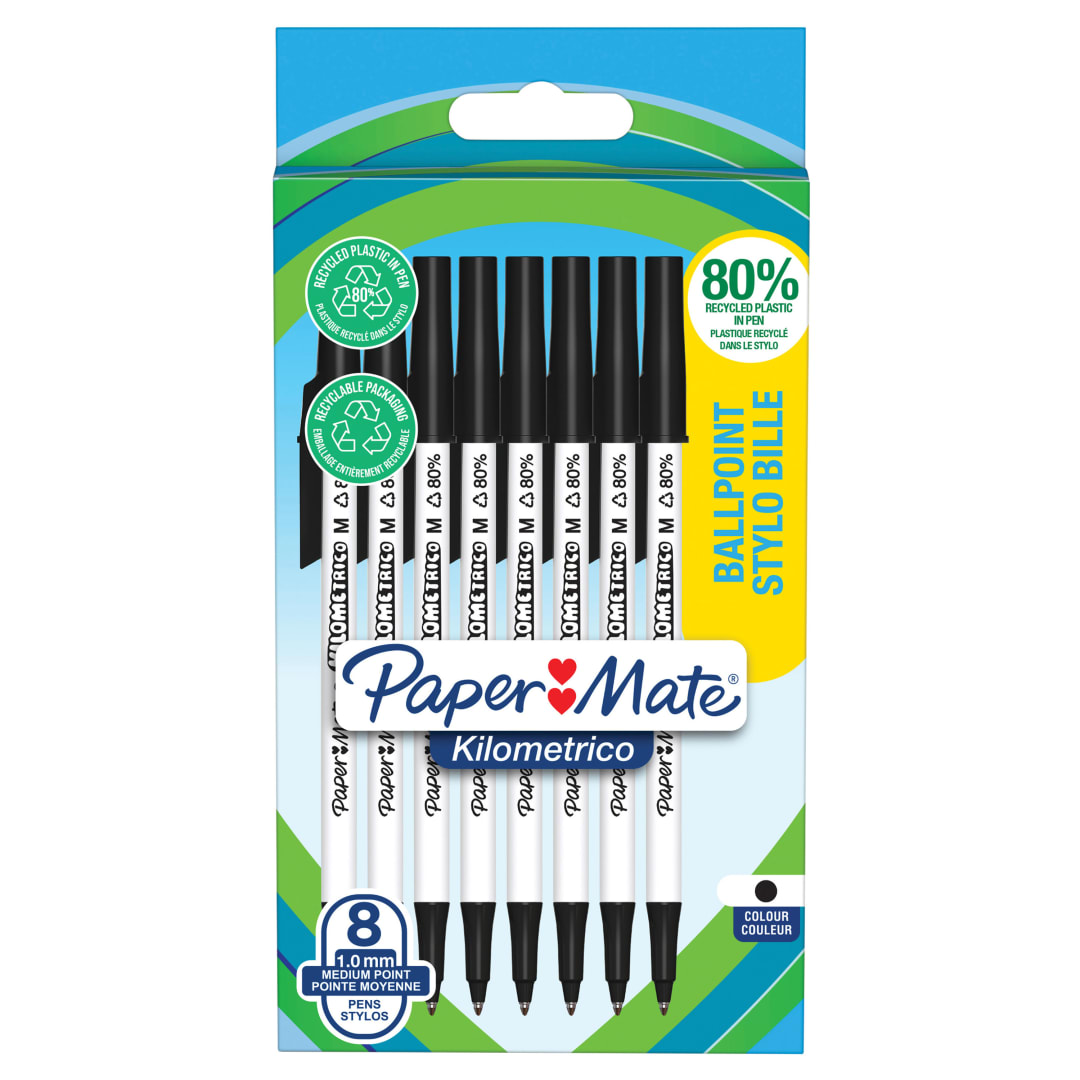 Paper Mate Kilométrico Bolígrafos | Escritura Larga con punta mediana (1,0mm) | Tinta negra | 80% plástico reciclado | 8 unidades