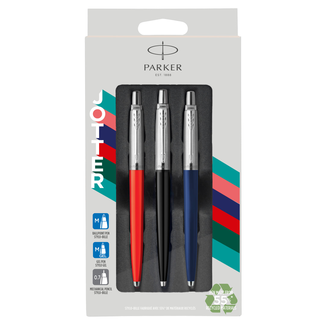 Parker Jotter Originals set de regalo Trio | Bolígrafo de punta de bolabolígrafo de gel y portaminas | Hecho con un 55 % de materiales reciclados* | Regalo de graduación perfecto y el colegio