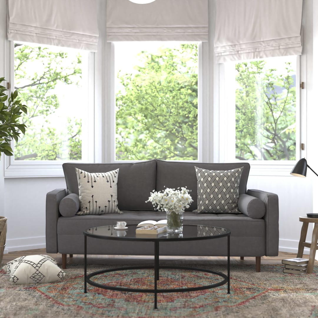 Hudson Mid-Century Modern Sofa with Tufted Faux Linen Upholstery &amp; Solid Wood Legs in Dark Gray