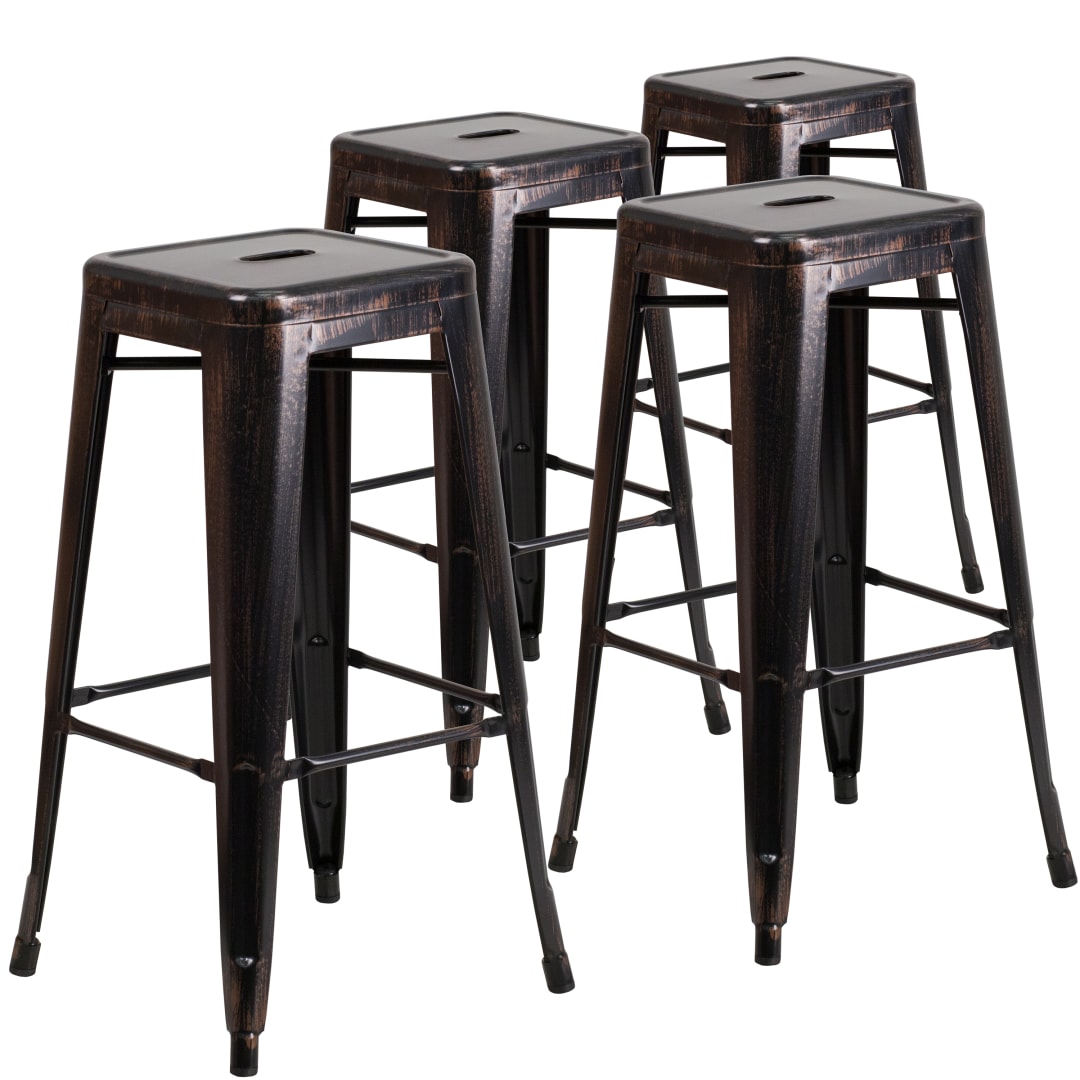 Lily 4 Pack Commercial Grade 30" High Backless Black-Antique Gold Metal Indoor-Outdoor Barstool with Square Seat