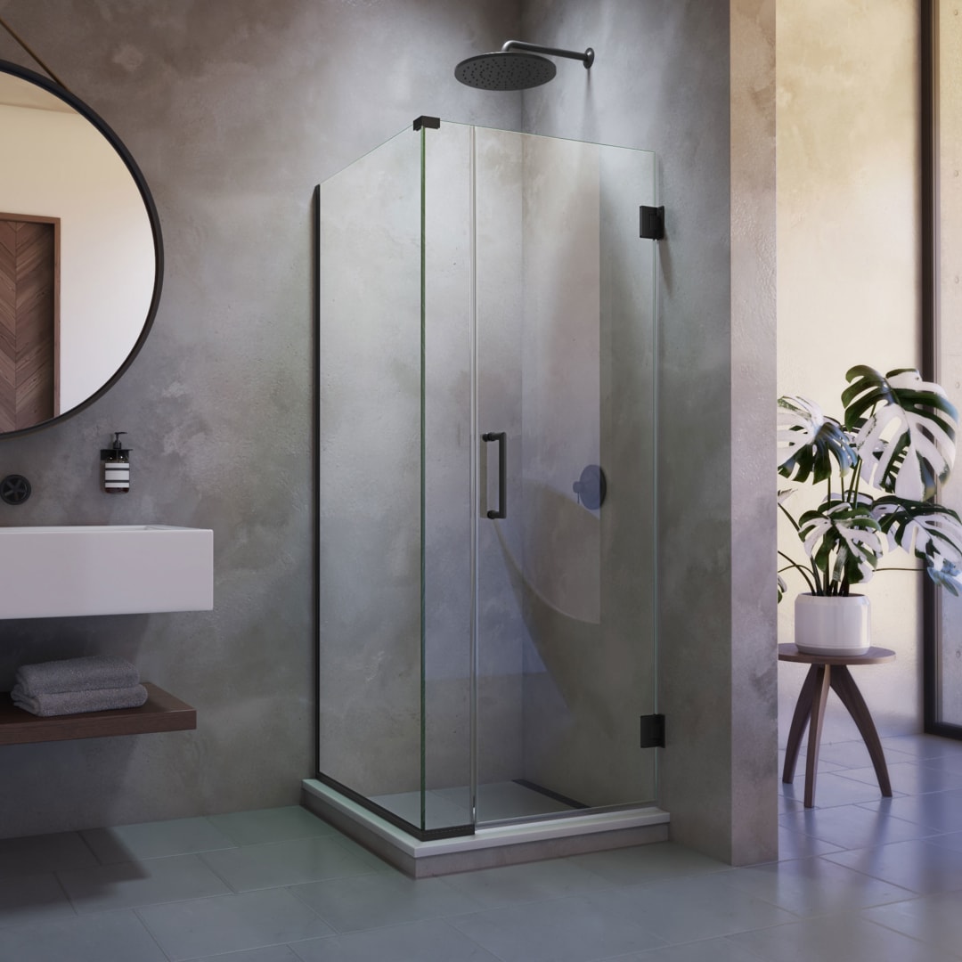 DreamLine Unidoor Plus 30 inch W x 30 3/8 inch D x 72 inch H Frameless Hinged Shower Enclosure in Matte Black