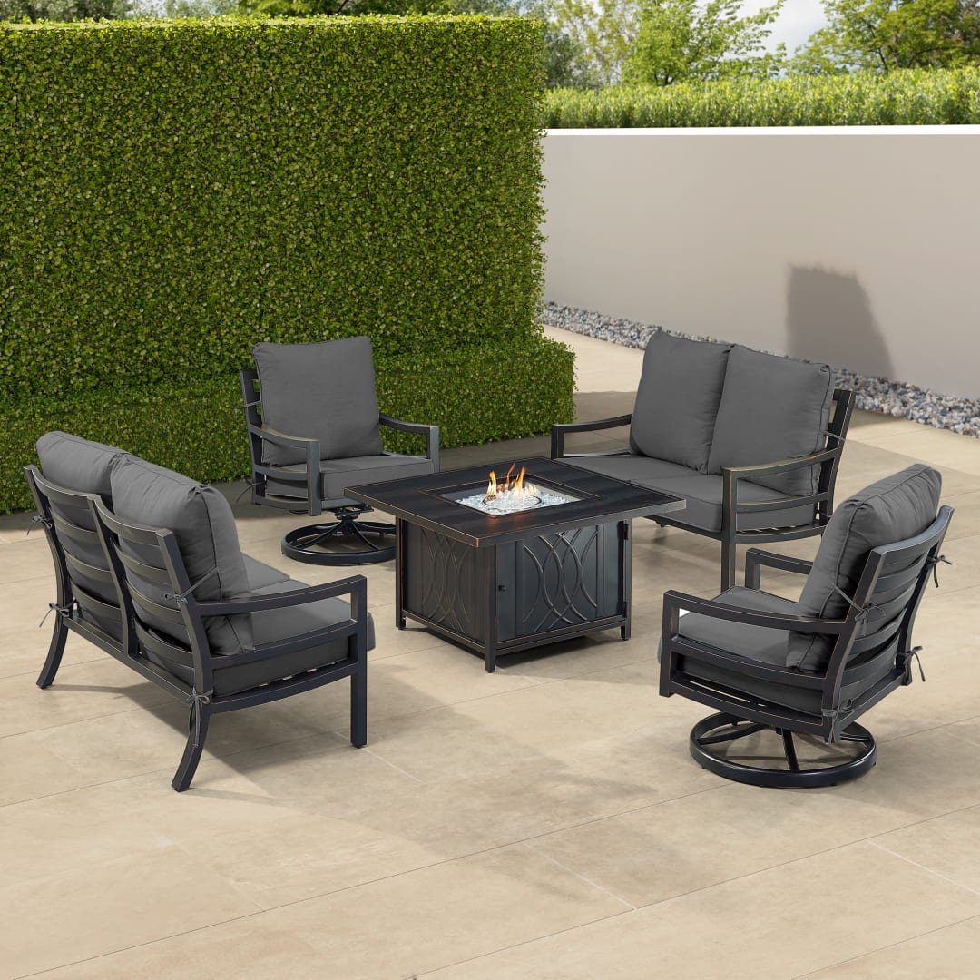 Black Aluminum Patio Fire Table Set with Two Deep Seating Loveseat with Cushions and Two Club Chairs