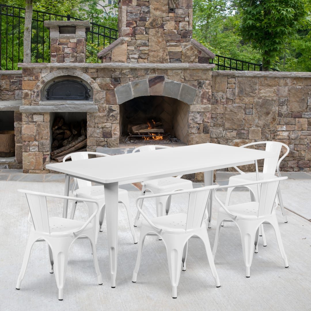 Oakley Commercial Grade 31.5" x 63" Rectangular White Metal Indoor-Outdoor Table Set with 6 Arm Chairs