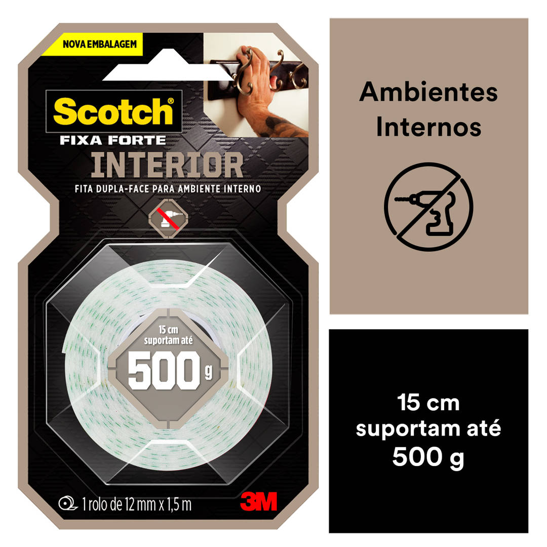 Fita Dupla Face 3M™ Scotch® Fixa Forte, Interiores, Espuma, 12 mm x 1,5 m