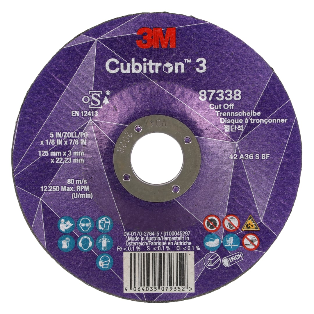 3M™ Cubitron™ 3 Kesme Taşı, 87338, 36+, T42, 125 mm x 3 mm x 22,23 mm, EN, 25/Paket, 50 adet/Kutu