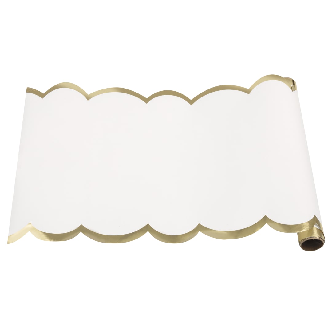 Elegant Valentine Scalloped Gold &amp; White Paper Table Runner with Foil Stamping