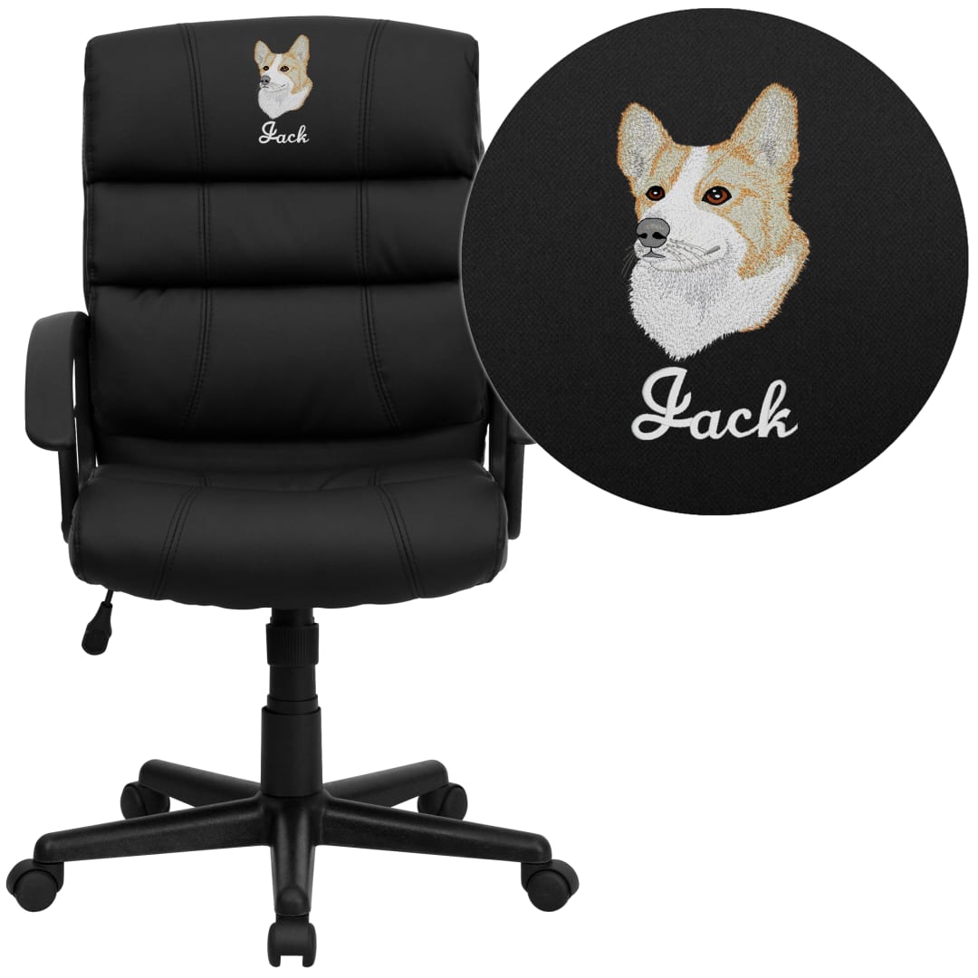 Lane Embroidered Mid-Back Black LeatherSoft Swivel Task Office Chair with Arms