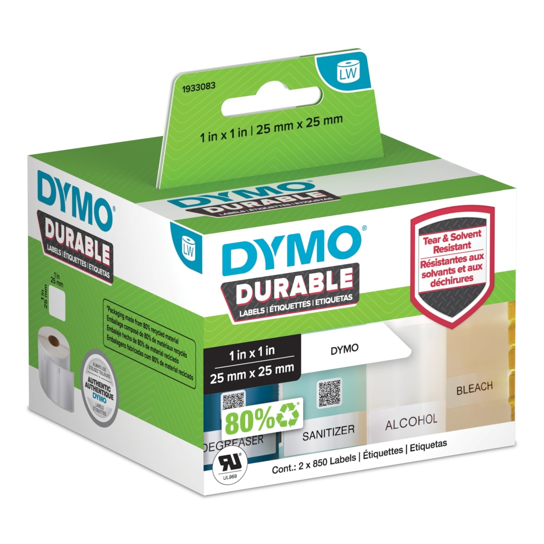 DYMO® LW Durable Industrial Labels for LabelWriter™ Label Printers, White Poly, 1” x 1”, 2 Rolls of 850 (1700 Total)